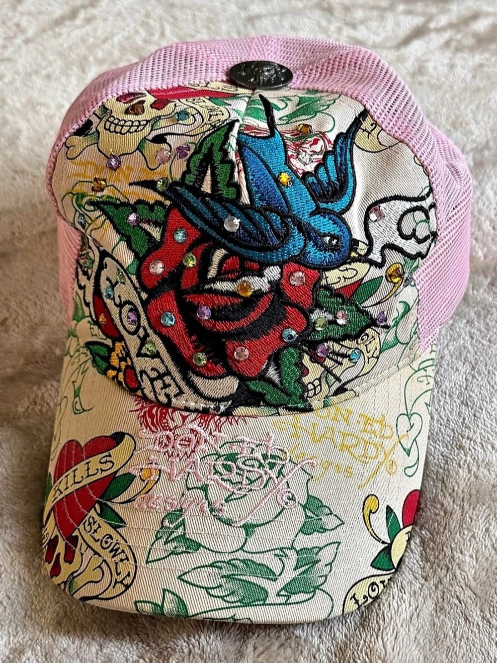 Y2K Ed Hardy Ed Hardy Trucker Hat Embroidered Graphic Pink